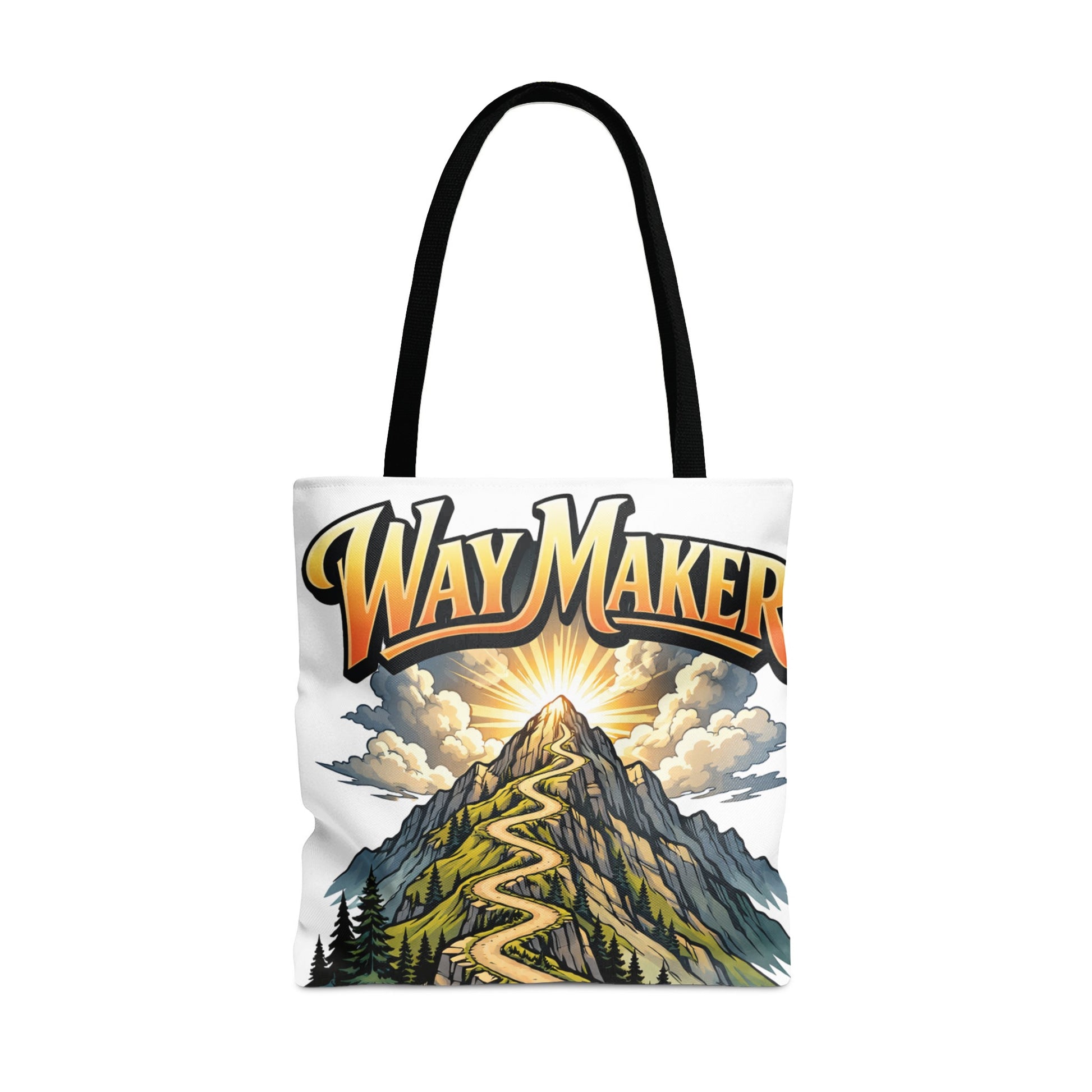 Tote bag with a winding mountain road and "Way Maker" text above sun and clouds.