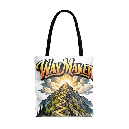 Tote bag with a winding mountain road and "Way Maker" text above sun and clouds.