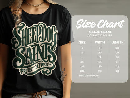 Black t-shirt with "Sheepdog Saints Protect the Flock" graphic and Gildan 64000 size chart.