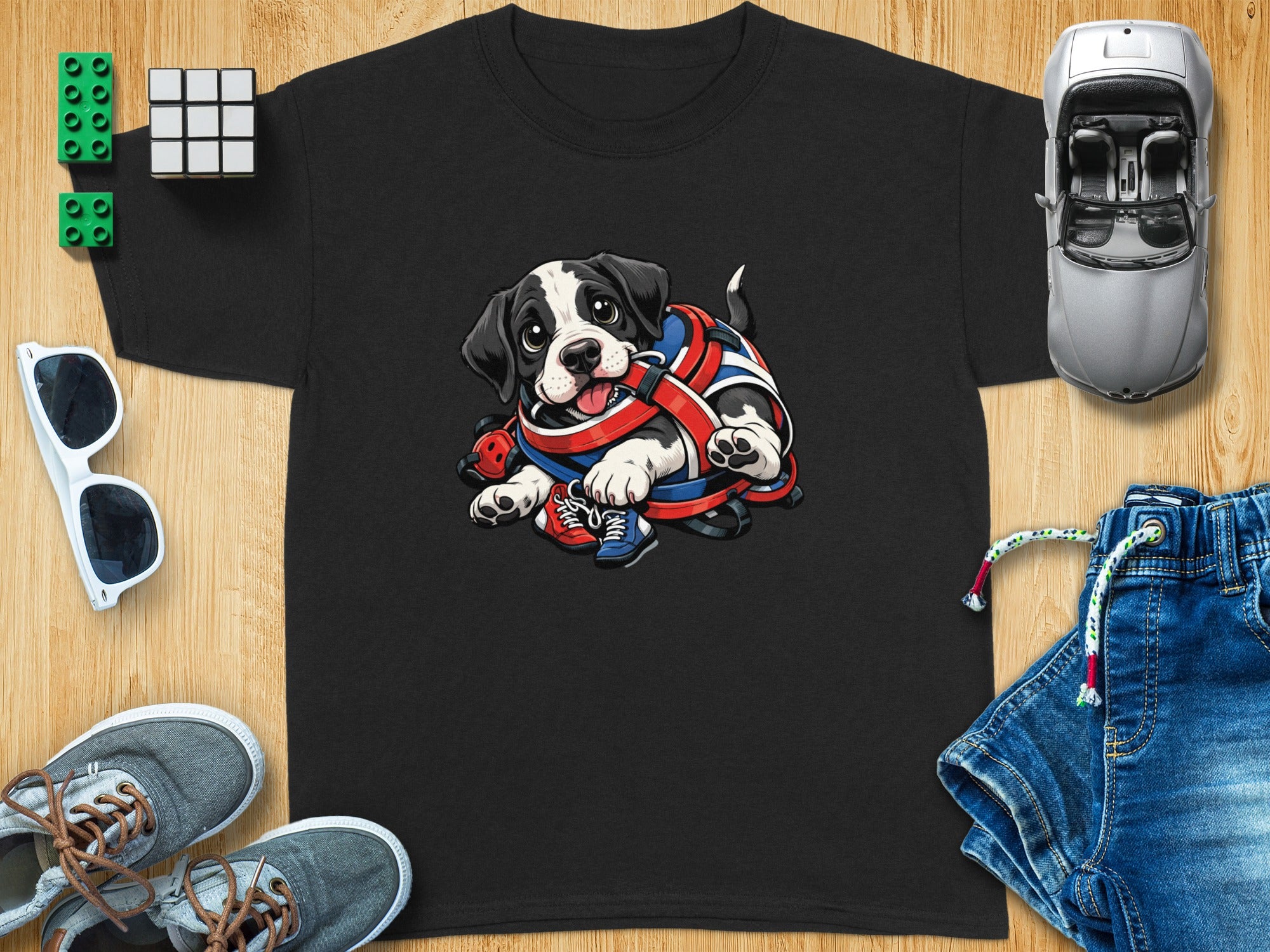 Black t-shirt with illustration of a cartoon dog wearing a harness and shoes.