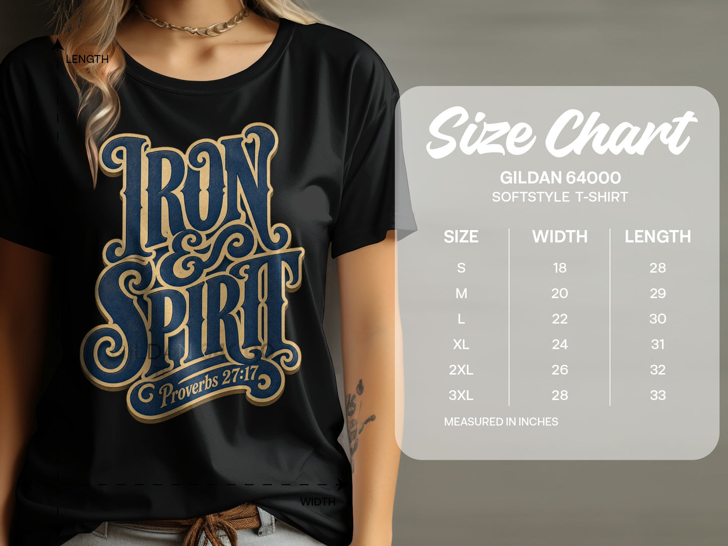 Black t-shirt with "Iron & Spirit" text and Proverbs 27:17, with size chart.