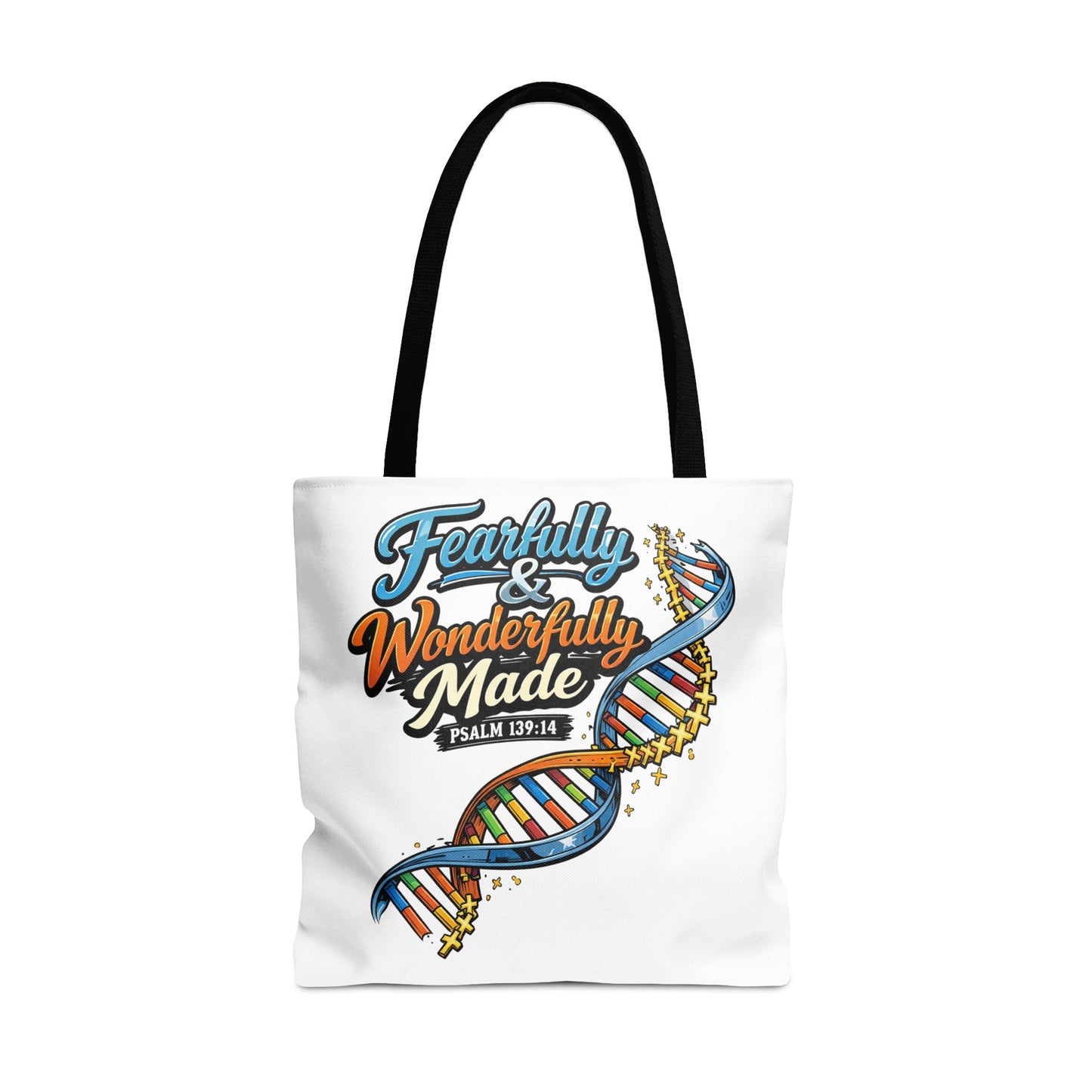 White tote bag with "Fearfully & Wonderfully Made" text and DNA graphic.