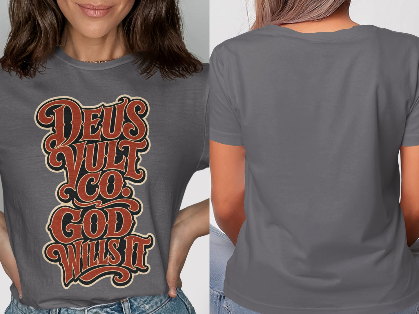 Gray t-shirt with "Deus Vult. God Wills It." text in distressed red and black lettering.