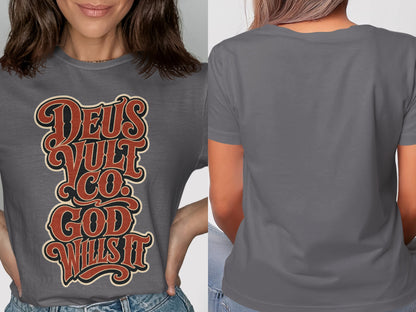 Gray t-shirt with "Deus Vult. God Wills It." text in distressed red and black lettering.