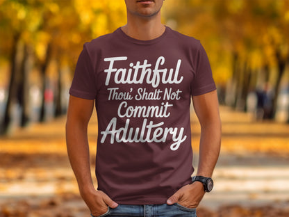 Maroon t-shirt with white text "Faithful Thou' Shalt Not Commit Adultery".