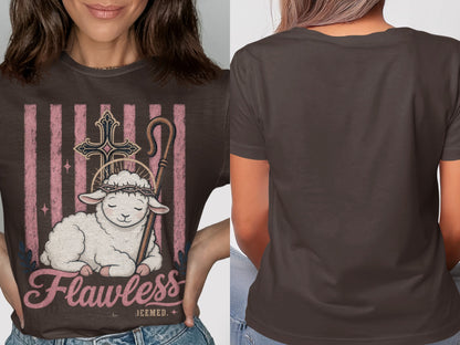Brown t-shirt featuring a lamb with a crown of thorns and a shepherd's crook.