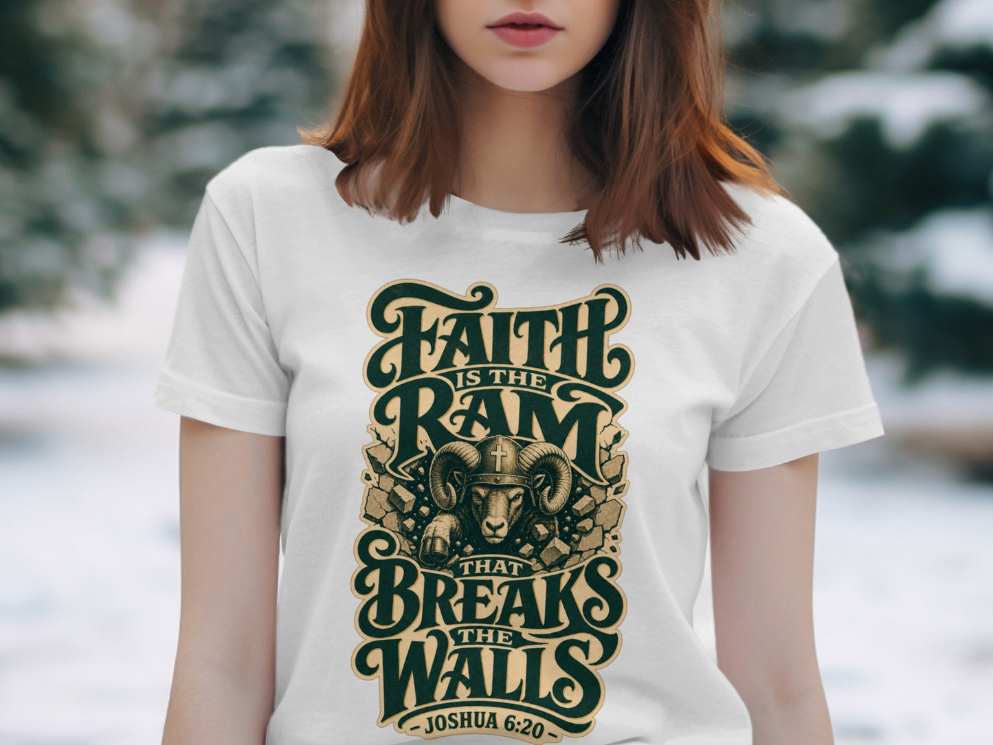 T-shirt with graphic of a ram's head breaking through walls, text "Faith is the ram that breaks the walls".