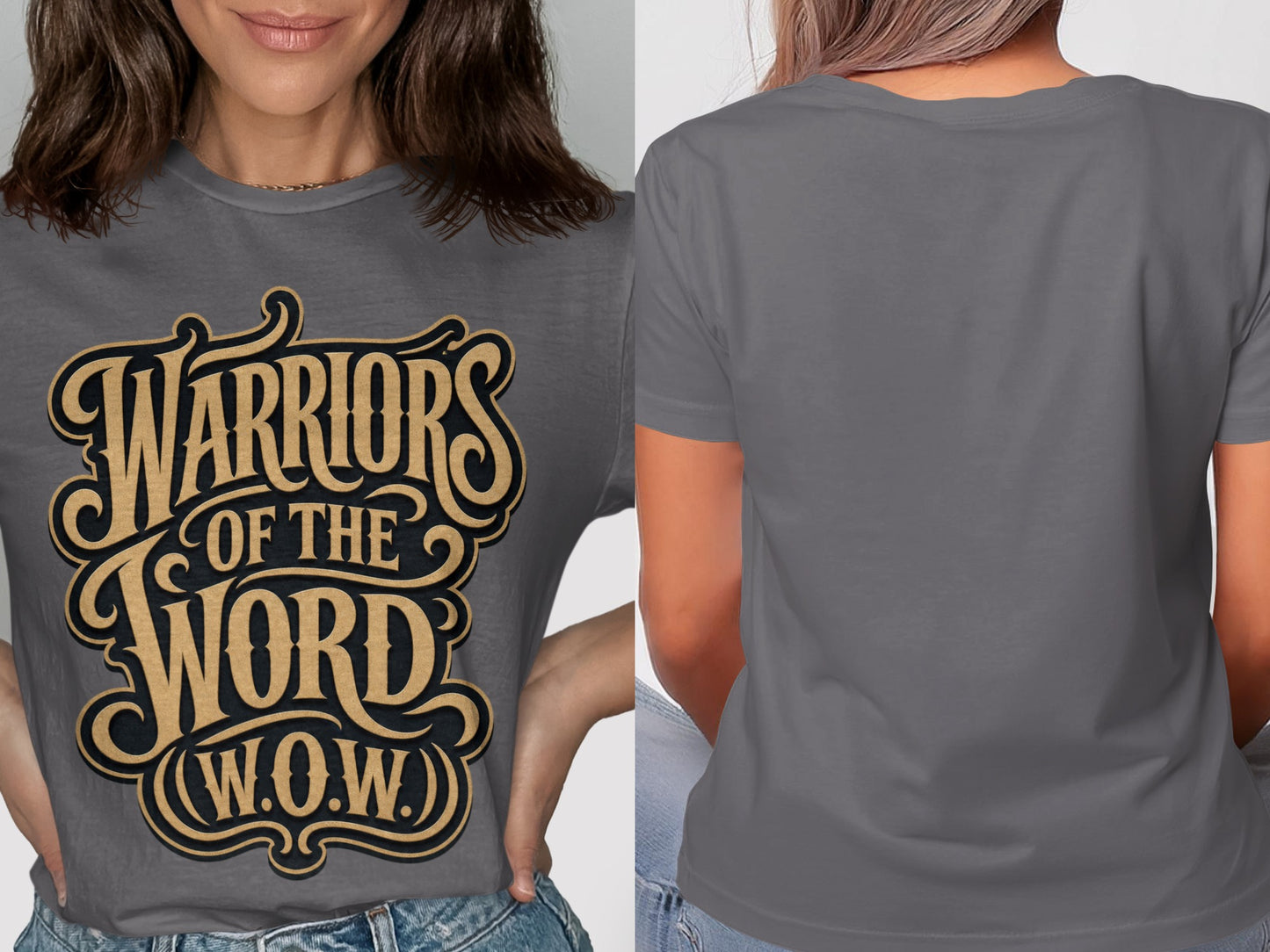 Front of grey t-shirt with "Warriors of the Word (W.O.W.)" graphic.