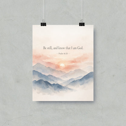 "Be still, and know that I am God." Psalm 46:10 watercolor art print.