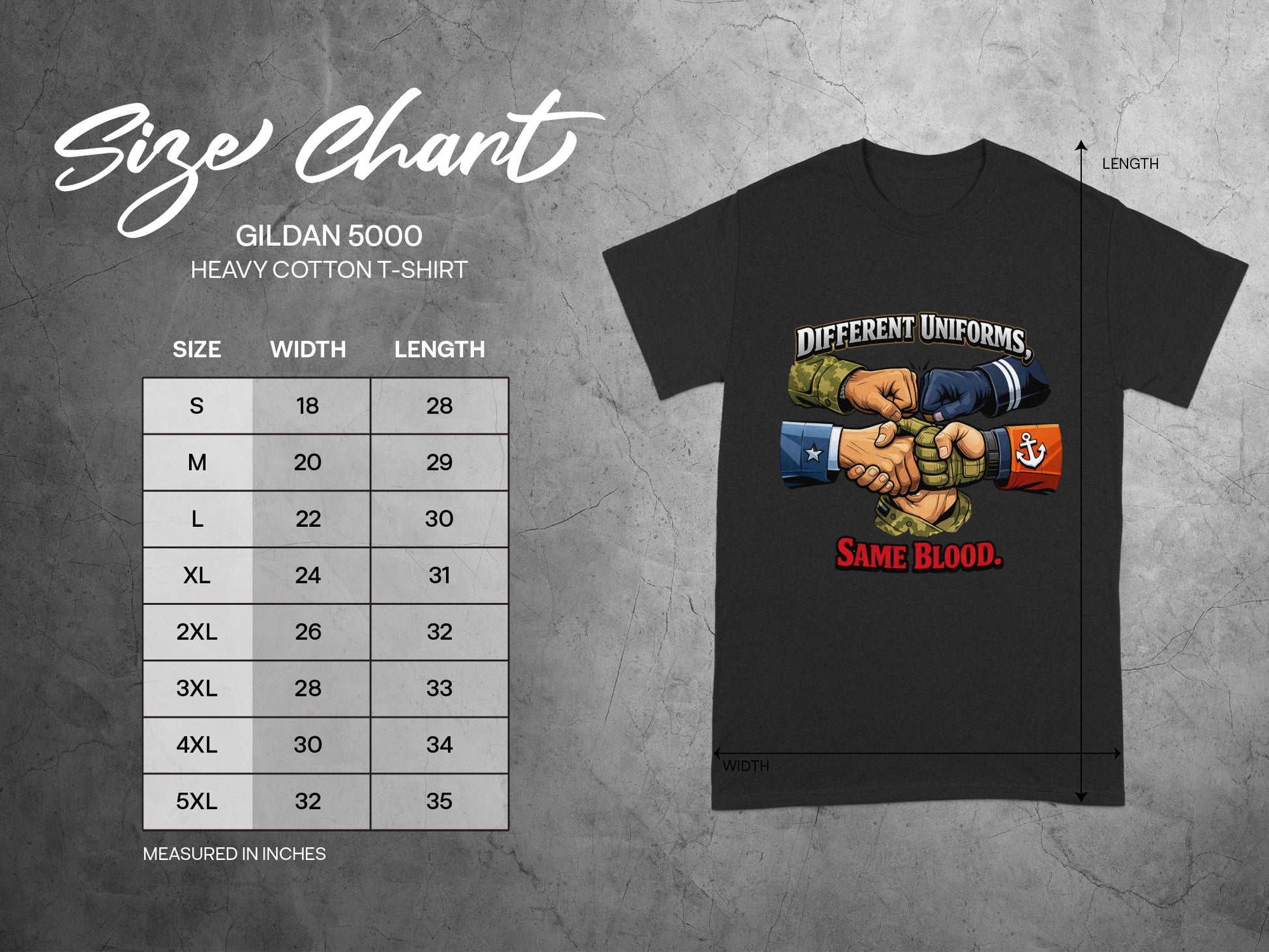 Gildan 5000 size chart for heavy cotton t-shirts with measurements.