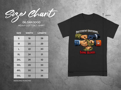 Gildan 5000 size chart for heavy cotton t-shirts with measurements.