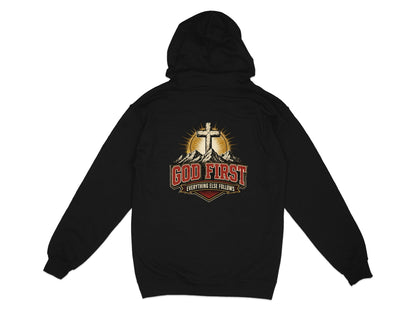 Black hoodie with "GOD FIRST EVERYTHING ELSE FOLLOWS" text, cross, and mountains on back.