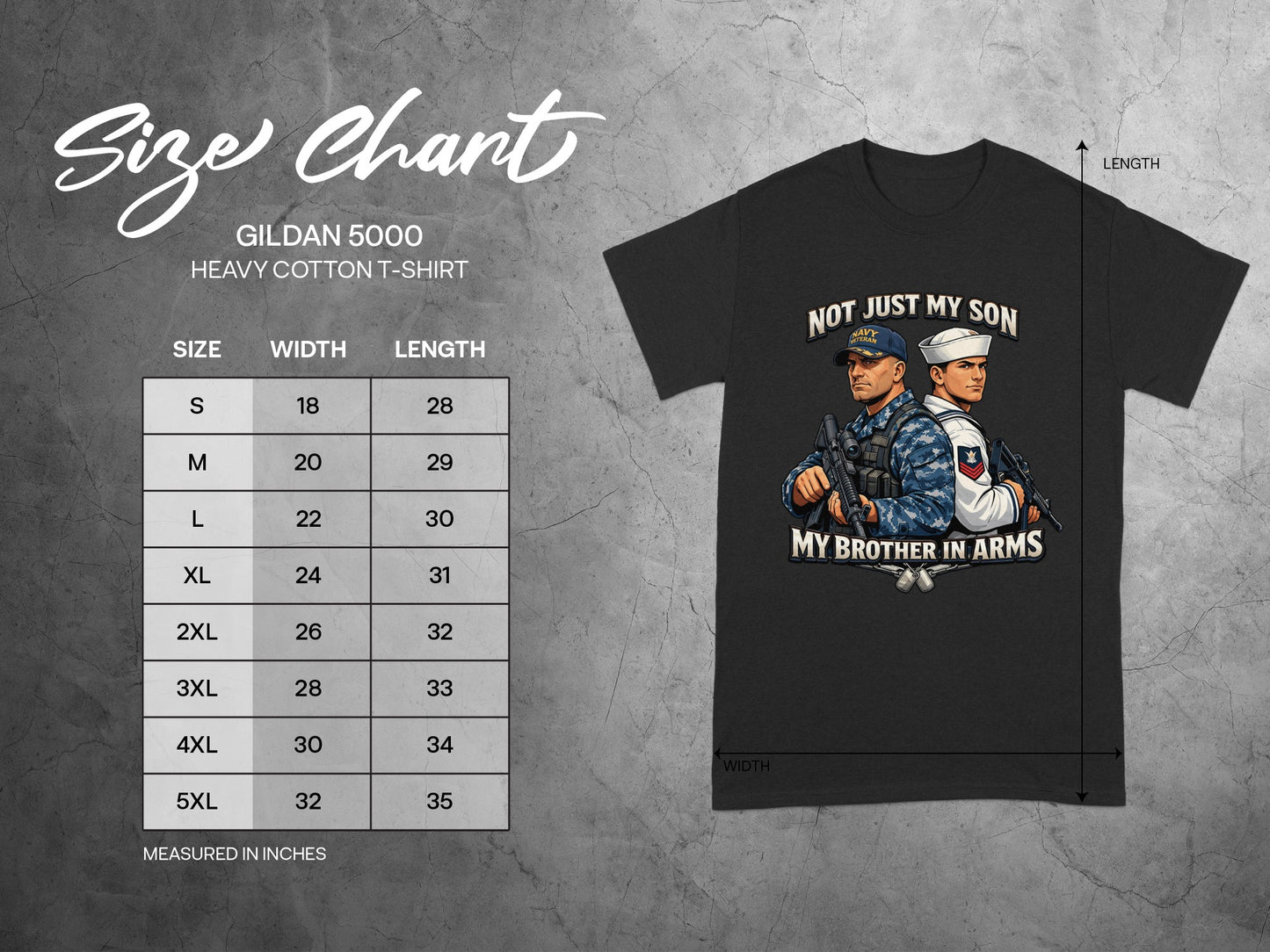 Size chart for Gildan 5000 heavy cotton t-shirt with navy veteran graphic.