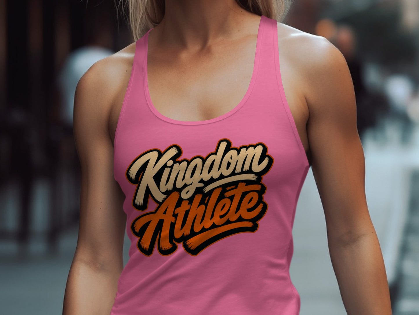 Pink tank top with "Kingdom Athlete" text in stylized cream and orange lettering.