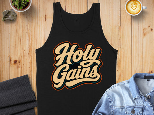 Black tank top with retro "Holy Gains" text design.