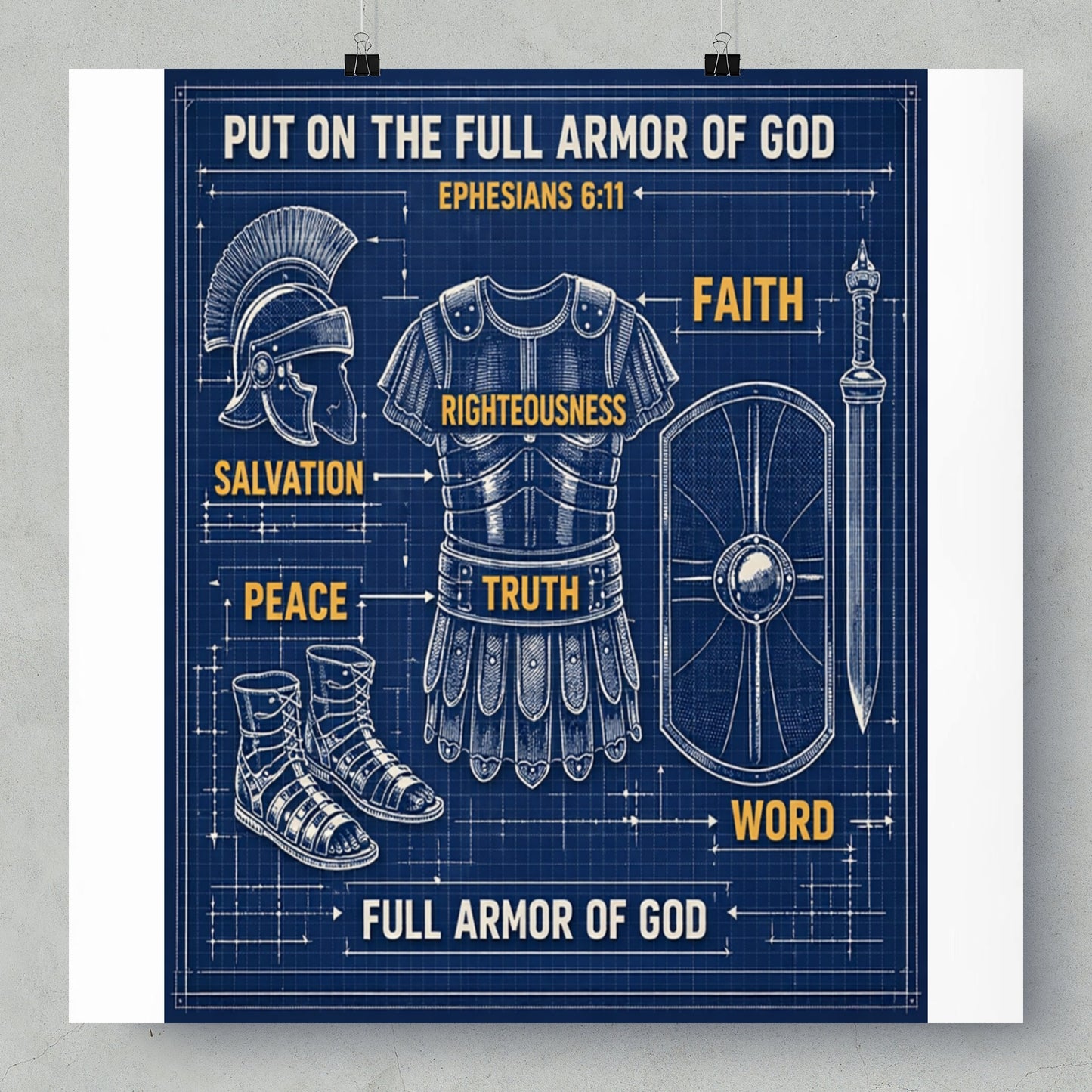 Blueprint showing the full armor of God with labels for: helmet, breastplate, shield, sword, boots, faith, righteousness, truth, salvation, peace, and word.