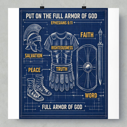 Blueprint showing the full armor of God with labels for: helmet, breastplate, shield, sword, boots, faith, righteousness, truth, salvation, peace, and word.