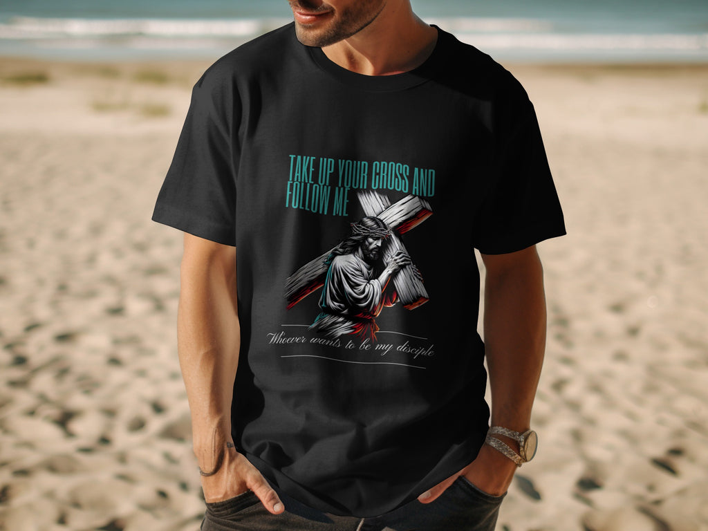Black t-shirt with Jesus carrying a cross and text "Take up your cross and follow me".