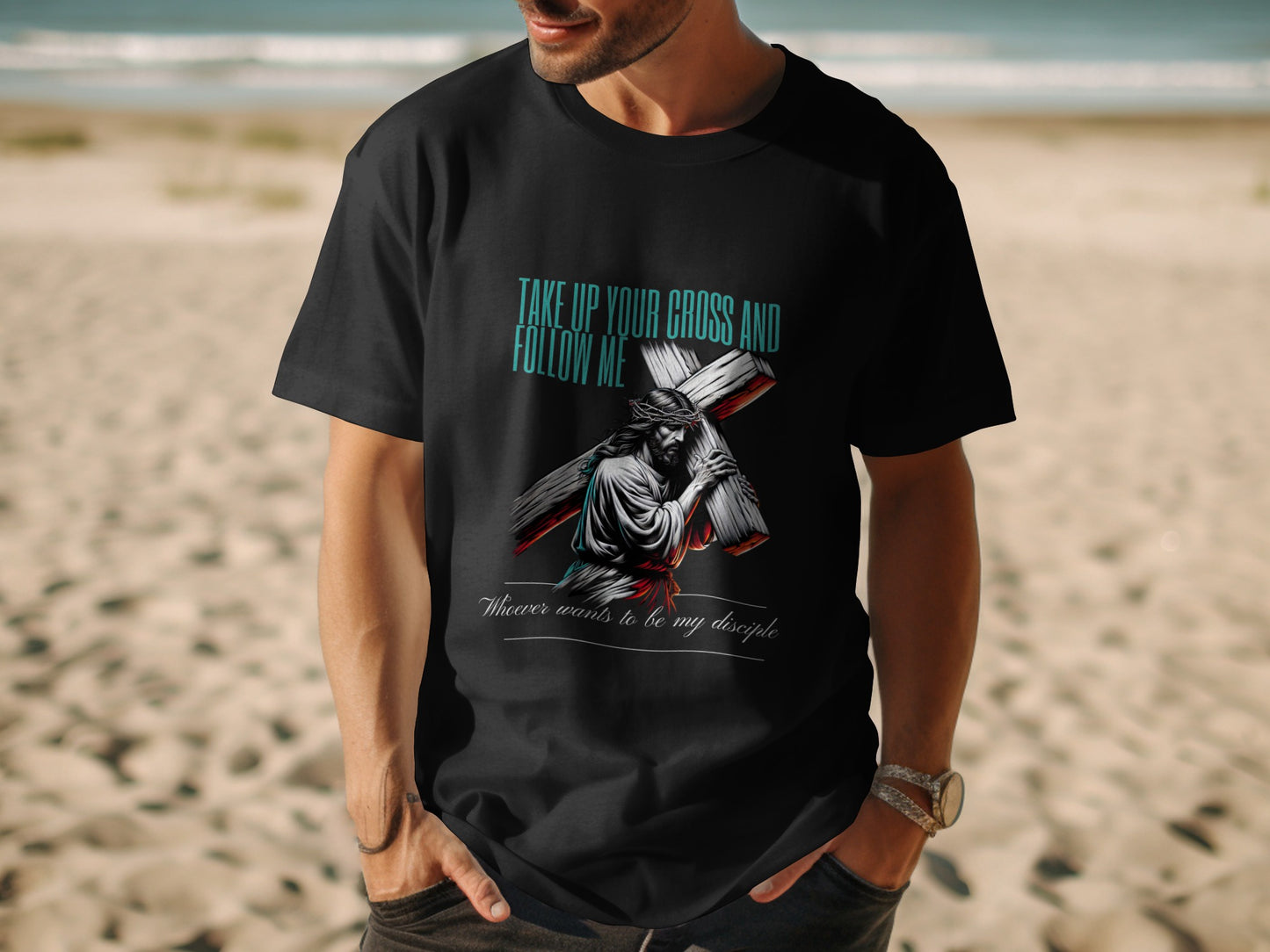 Black t-shirt with Jesus carrying a cross and text "Take up your cross and follow me".