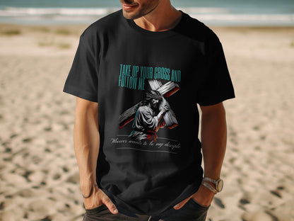 Black t-shirt with Jesus carrying a cross and text "Take up your cross and follow me".