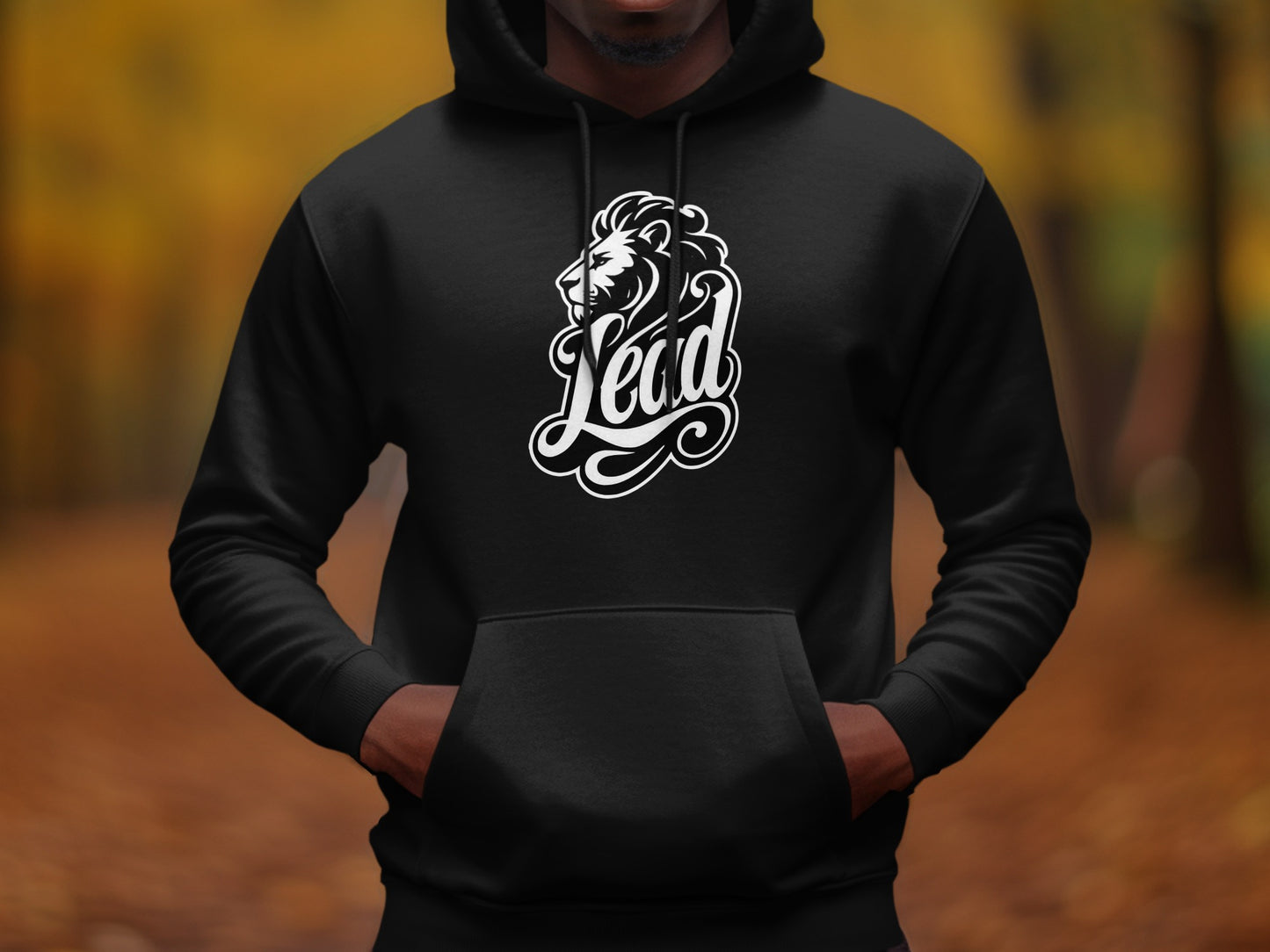 Black hoodie with white lion and "Lead" logo on chest.