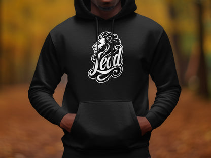 Black hoodie with white lion and "Lead" logo on chest.