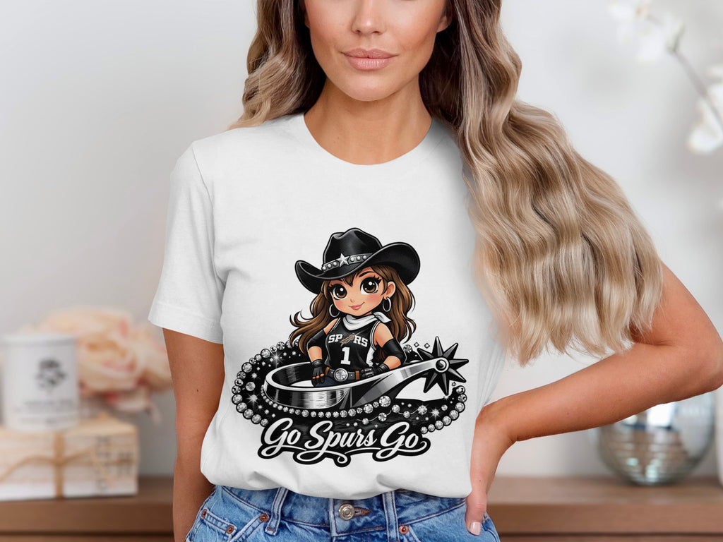 Chibi cowgirl with Spurs jersey and cowboy hat on a spur, "Go Spurs Go" text.