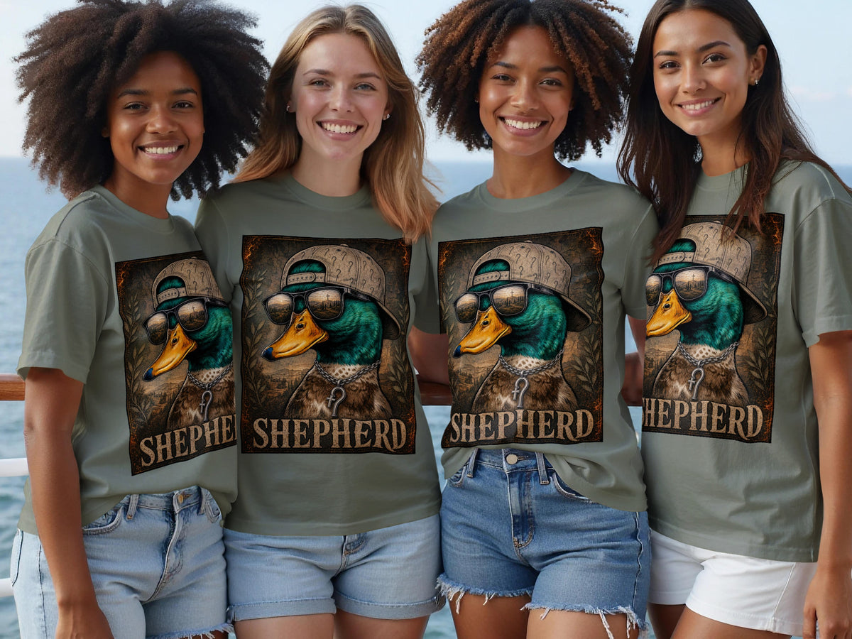 Four women wear olive green t-shirts featuring a graphic of a duck wearing sunglasses and a hat.