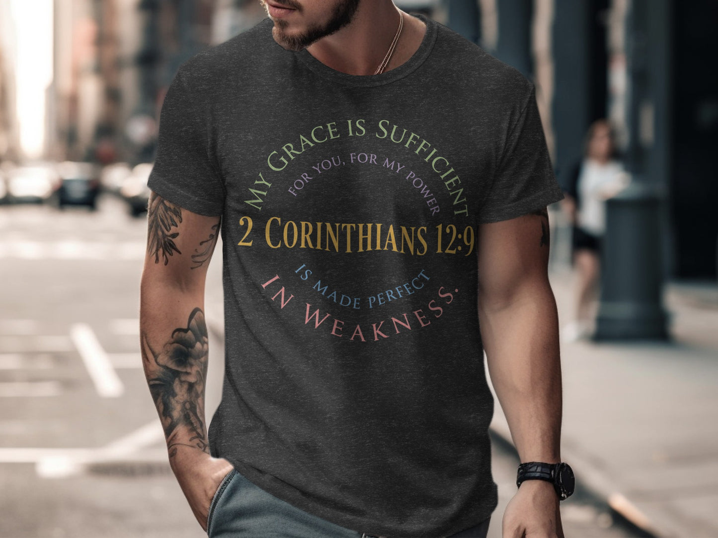 Dark grey t-shirt with "My grace is sufficient... 2 Corinthians 12:9" text.