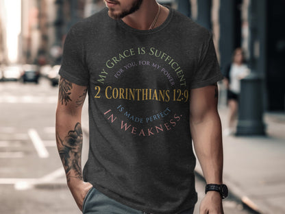 Dark grey t-shirt with "My grace is sufficient... 2 Corinthians 12:9" text.