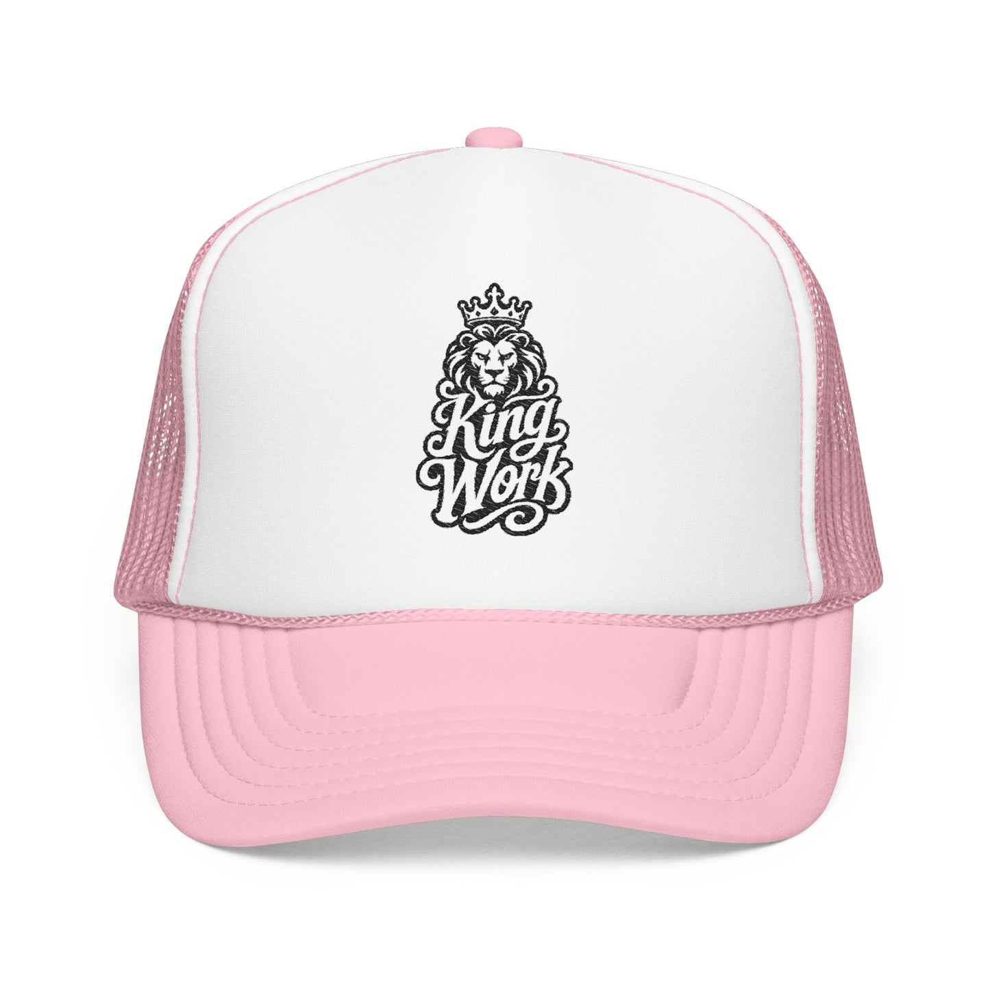 Pink and white trucker hat with a black lion and crown graphic and "King Work" text.