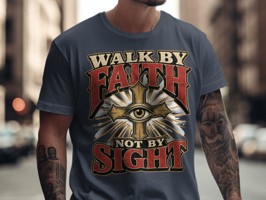 Dark grey t-shirt with "Walk By Faith Not By Sight" and an eye inside a cross.