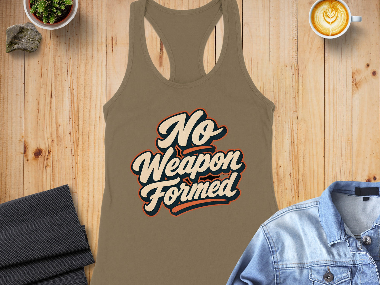 Taupe tank top with "No Weapon Formed" text in retro script lettering.