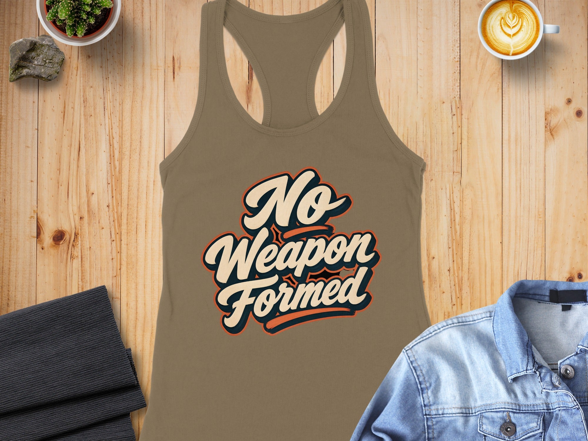 Taupe tank top with "No Weapon Formed" text in retro script lettering.