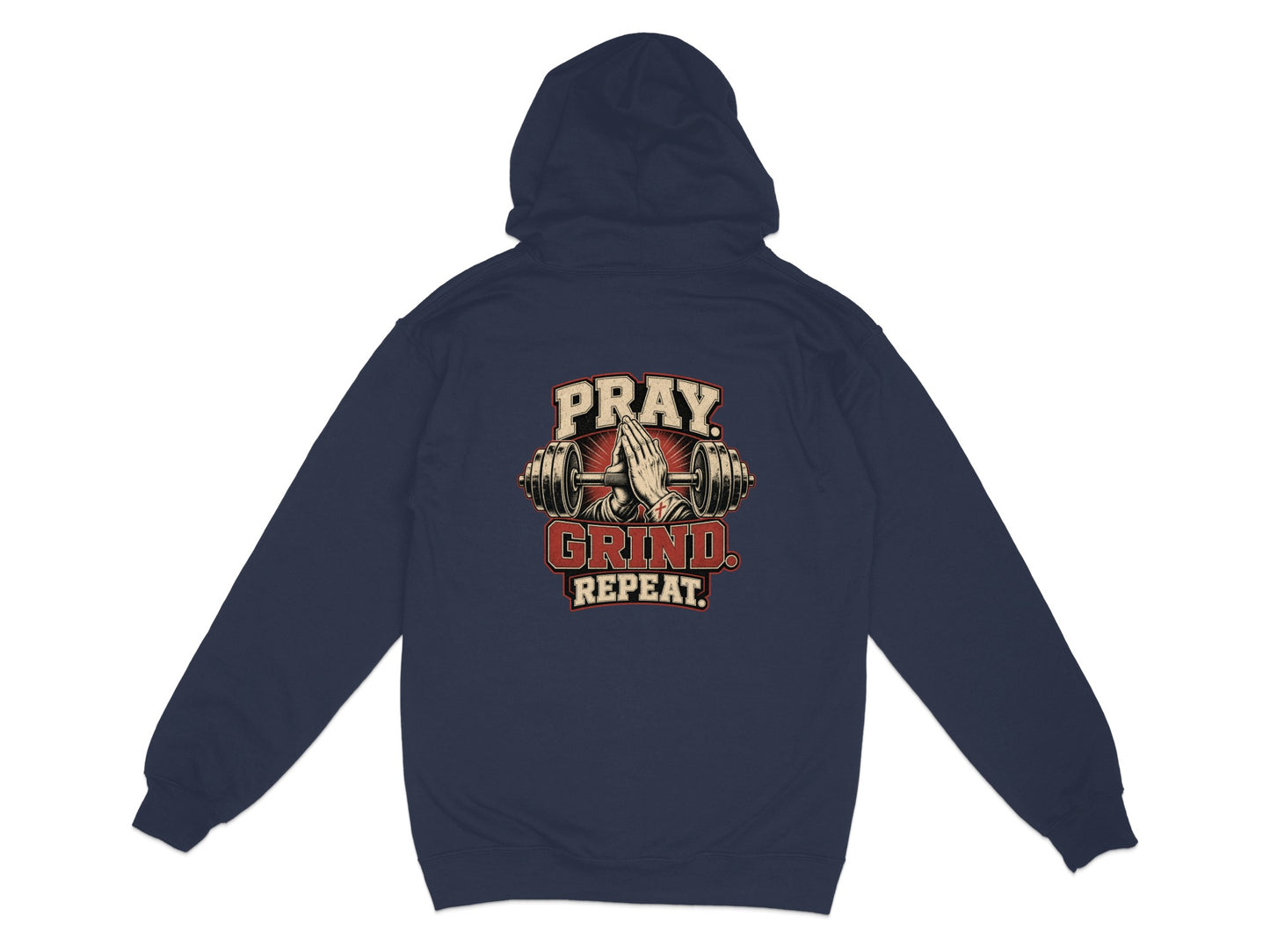 Navy hoodie with praying hands and barbell graphic, text reads "PRAY. GRIND. REPEAT."