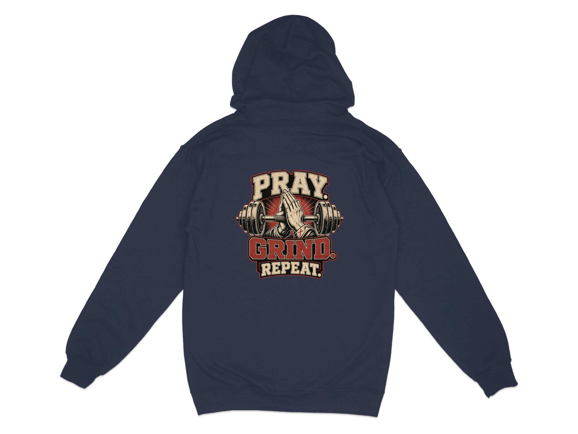 Navy hoodie with praying hands and barbell graphic, text reads "PRAY. GRIND. REPEAT."