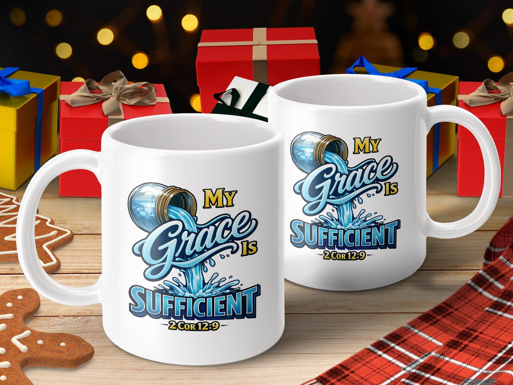 Two white mugs with "My Grace Is Sufficient 2 Cor 12:9" text and graphic.