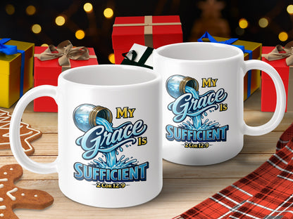 Two white mugs with "My Grace Is Sufficient 2 Cor 12:9" text and graphic.