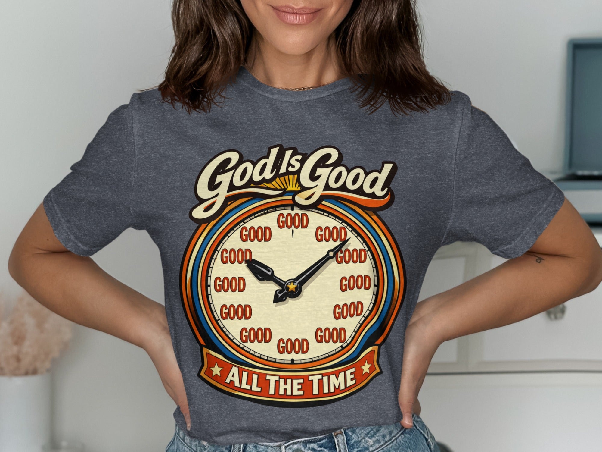 "God Is Good ALL THE TIME" text on a graphic featuring a clock with "GOOD" at each hour mark.