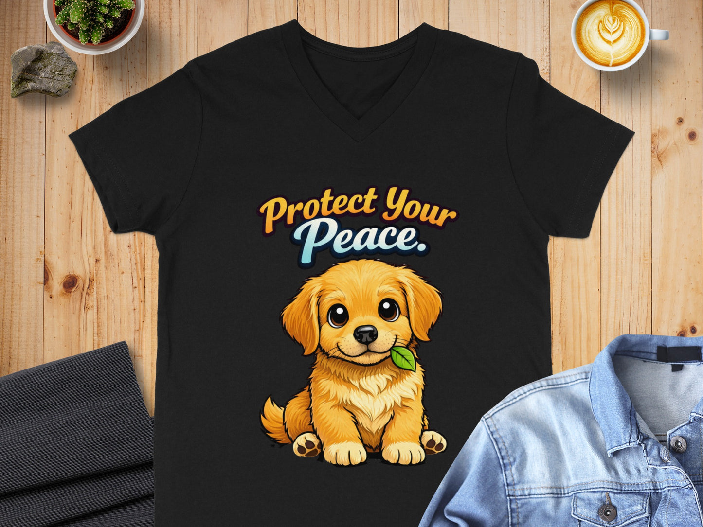 Black t-shirt with cartoon golden retriever and text "Protect Your Peace."
