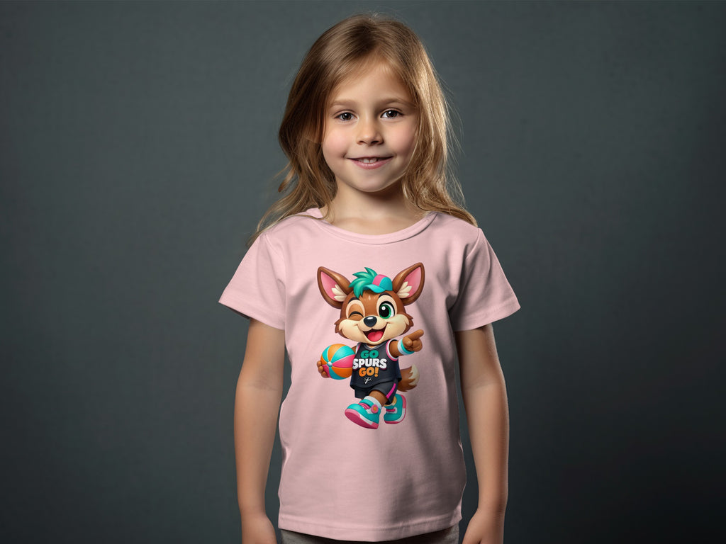 Child wearing a pink t-shirt with a cartoon mascot holding a basketball.