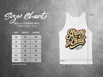 Bella + Canvas 3480 unisex jersey tank size chart with width and length measurements.