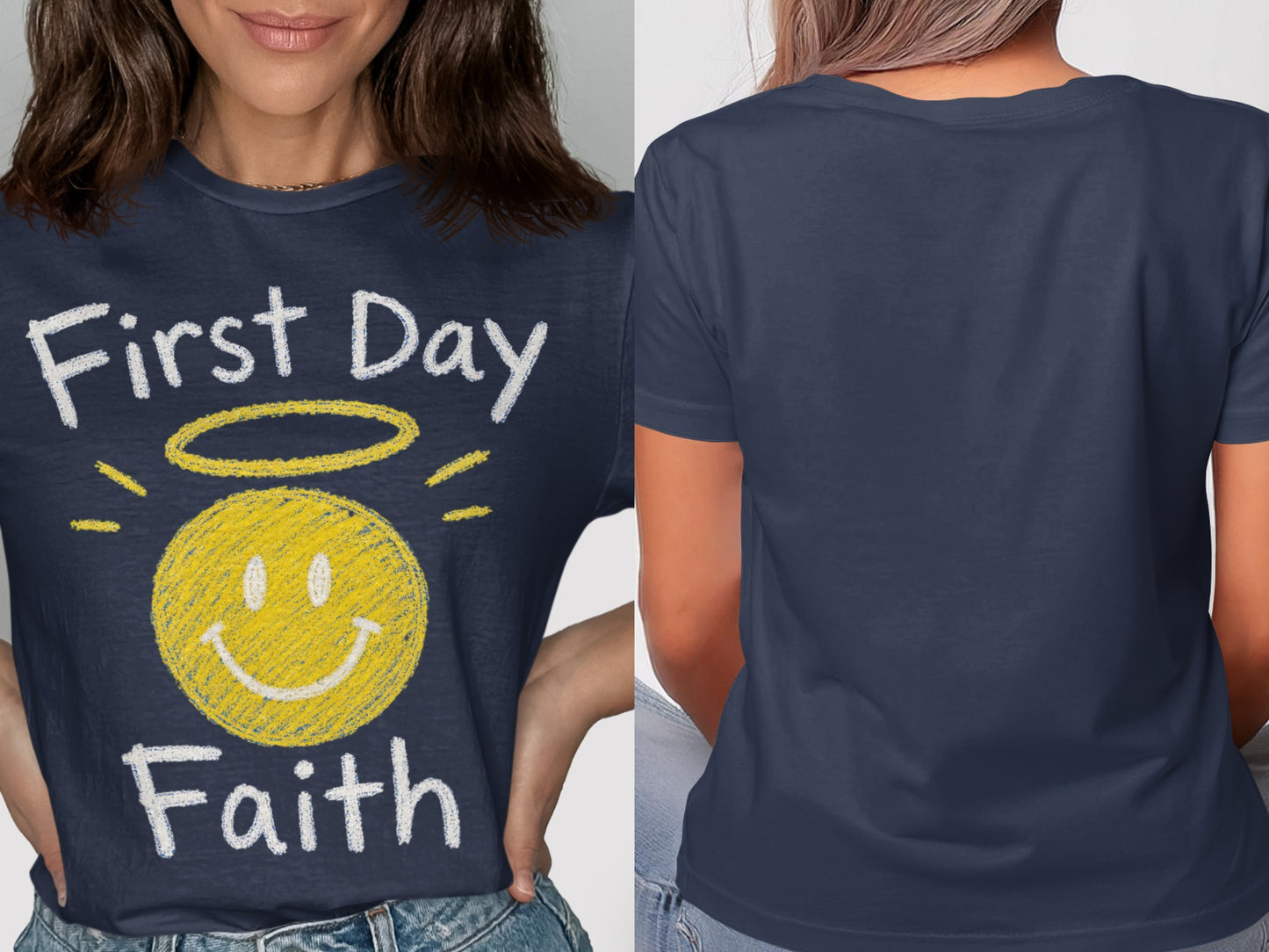 Navy t-shirt with yellow smiley face and text "First Day Faith".