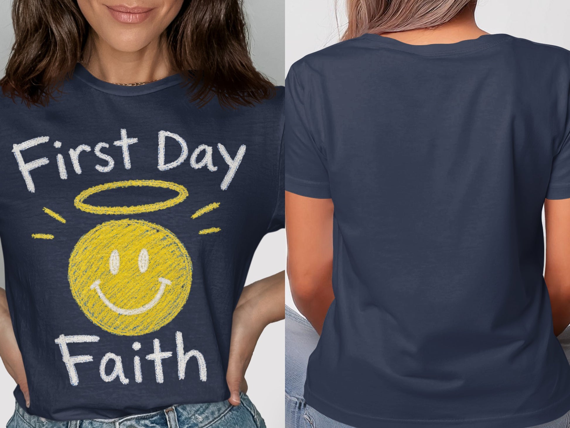Navy t-shirt with yellow smiley face and text "First Day Faith".