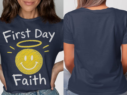 Navy t-shirt with yellow smiley face and text "First Day Faith".