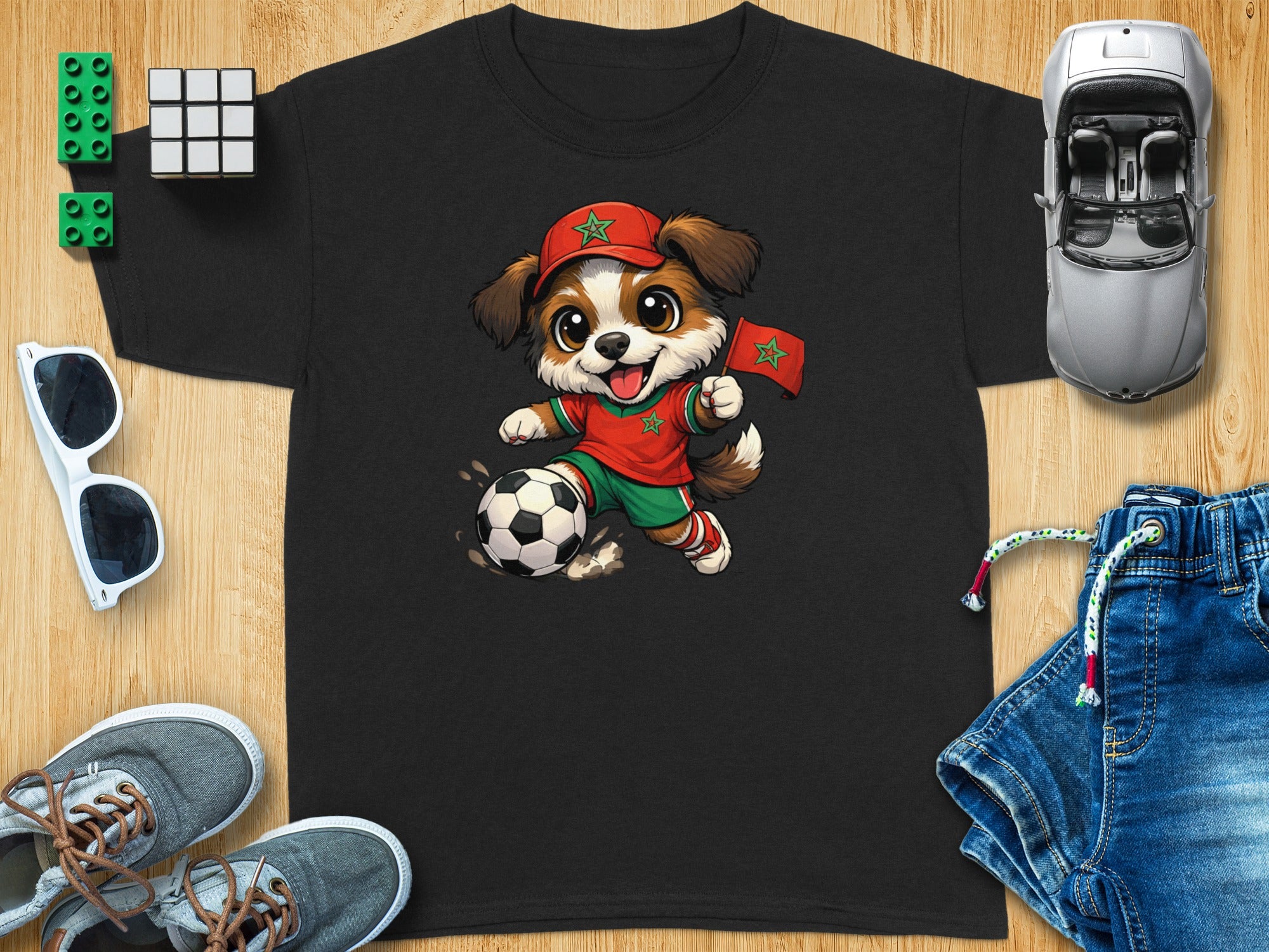 Black t-shirt with cartoon dog wearing Moroccan soccer attire kicking ball.