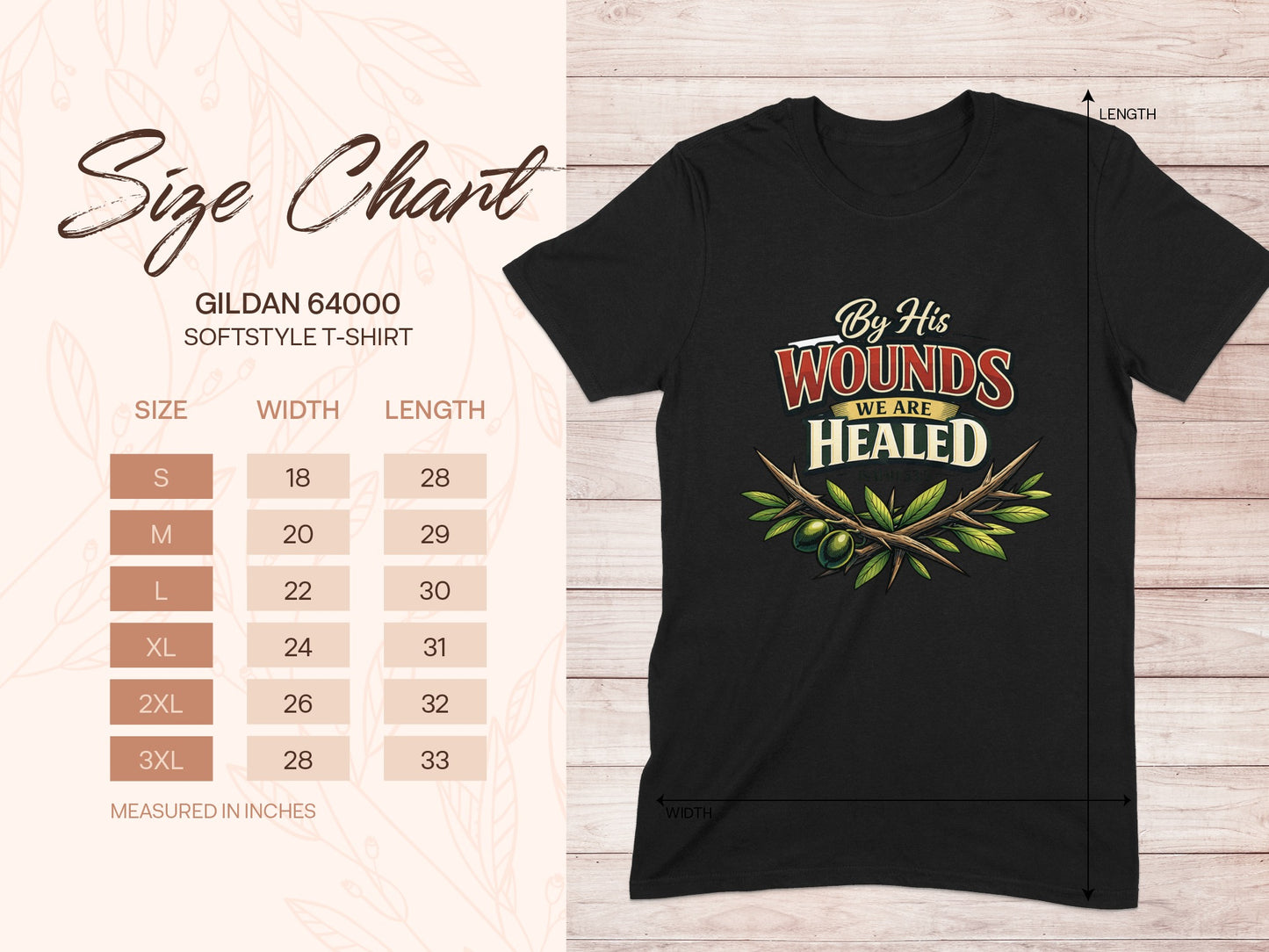 Gildan 64000 softstyle t-shirt size chart with measurements in inches.