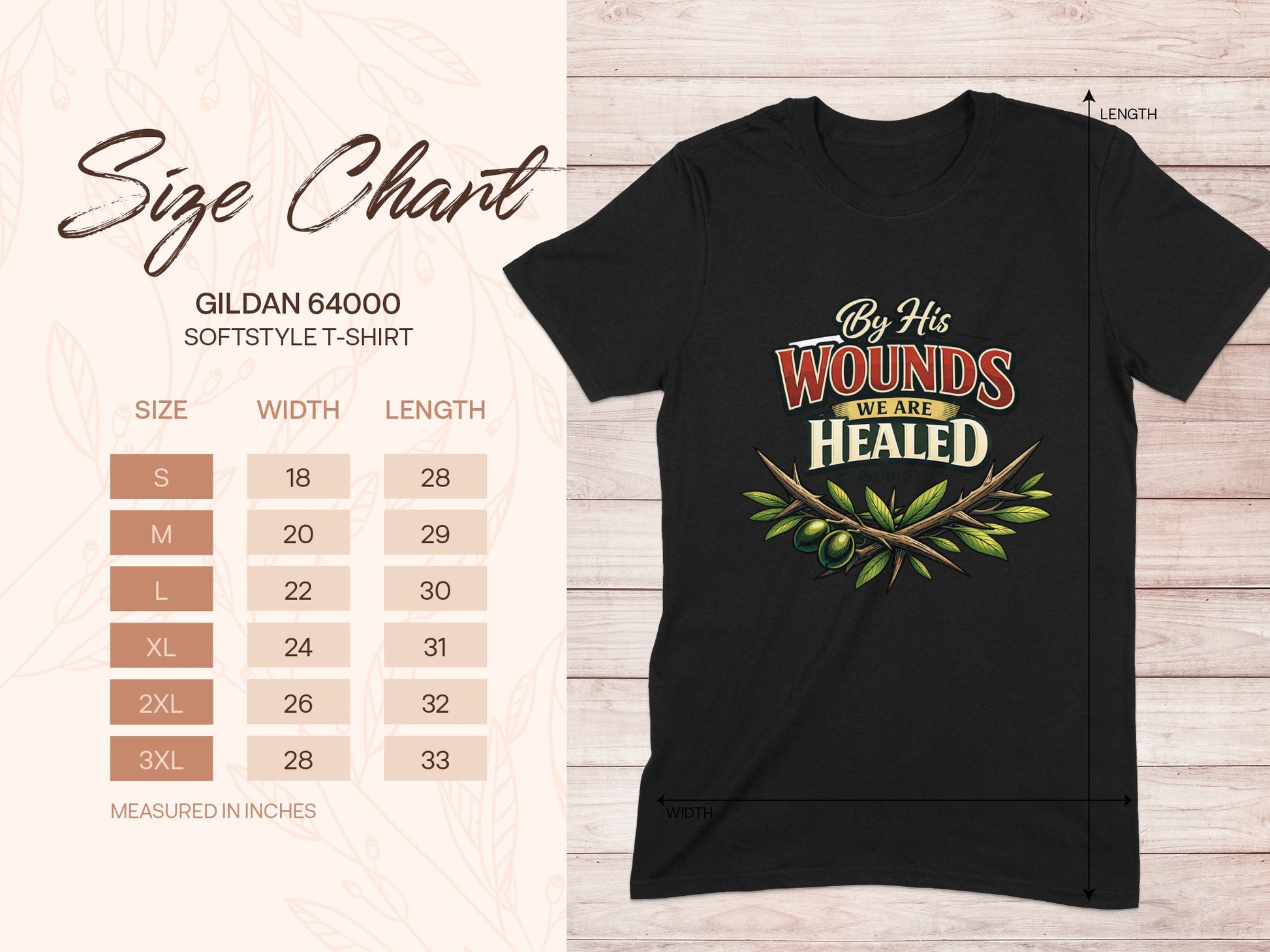 Gildan 64000 softstyle t-shirt size chart with measurements in inches.