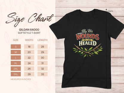 Gildan 64000 softstyle t-shirt size chart with measurements in inches.