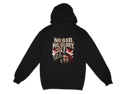 Black hoodie with a knight holding a cross and the text "NO GOD. NO GLORY."